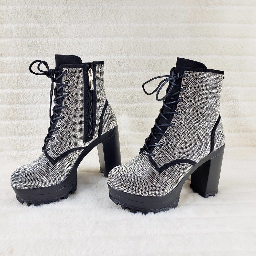 Cape Robbin Silver Crystal Lace-Up Platform Ankle Boots - Picture 14 of 15